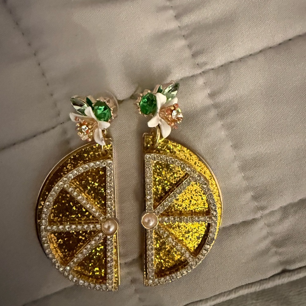 Handmade Lemon Slice Drop Earrings with Green Crystal Accent